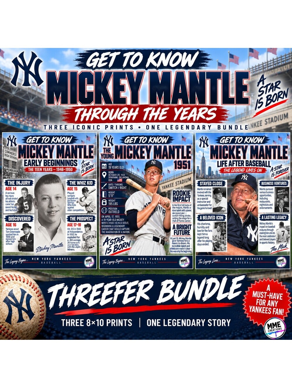 4832 Mickey Mantle | Get to Know Series | 3-Print Bundle | Great History